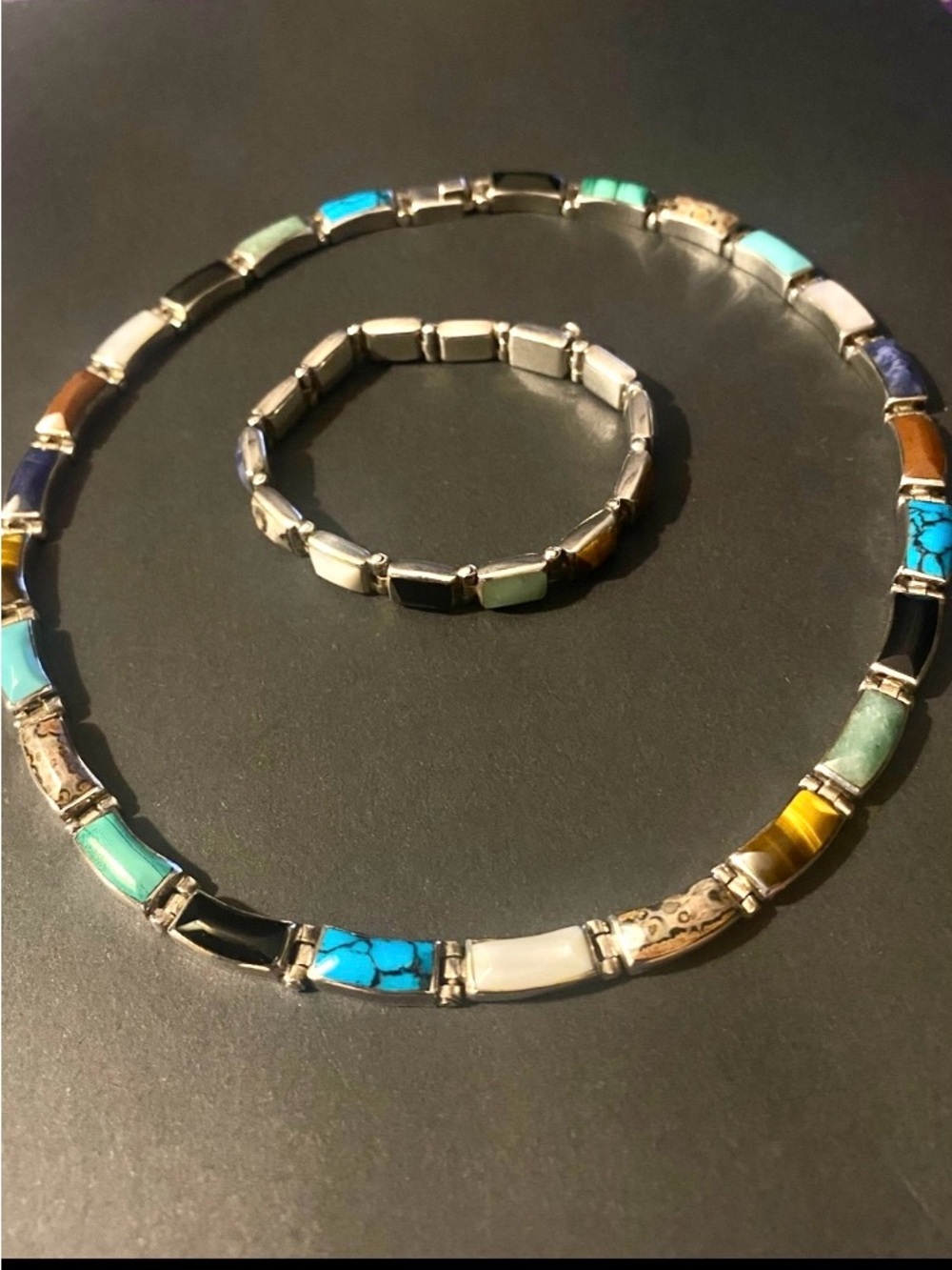 Vintage Mexican Modernist Necklace Chocker Bracelet Set 950 Montero Taxco T-181